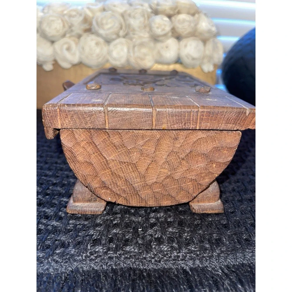 Vintage Handmade Carved‎ Wood Box With Wrought Iron Knob Jewelry Money Misc Box